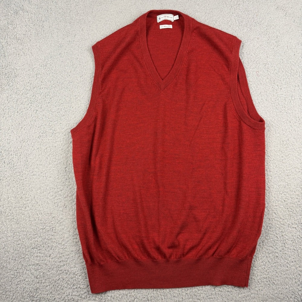 Peter Millar Sweater Vest Mens L Red Merino Wool V-Neck Classic Knit Layering
